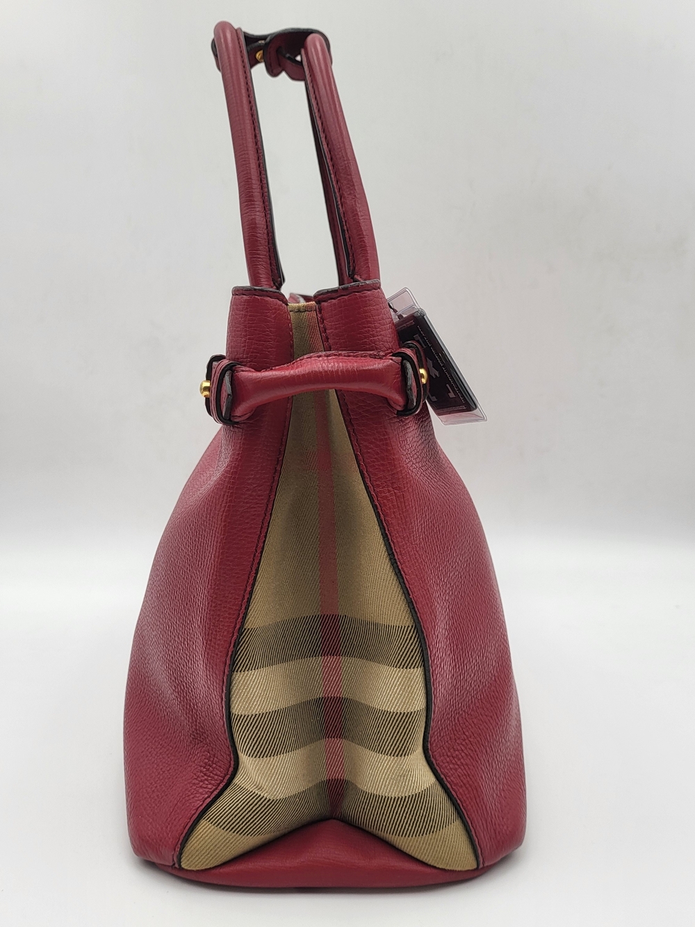 BURBERRY Grainy Calfskin House Check Medium Banner Tote Red, Auth w/COA. - Picture 4 of 16